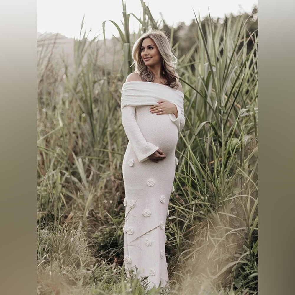 Momyknows White Off-Shoulder Maxi Dress with Flowers Maternity Dress Medium